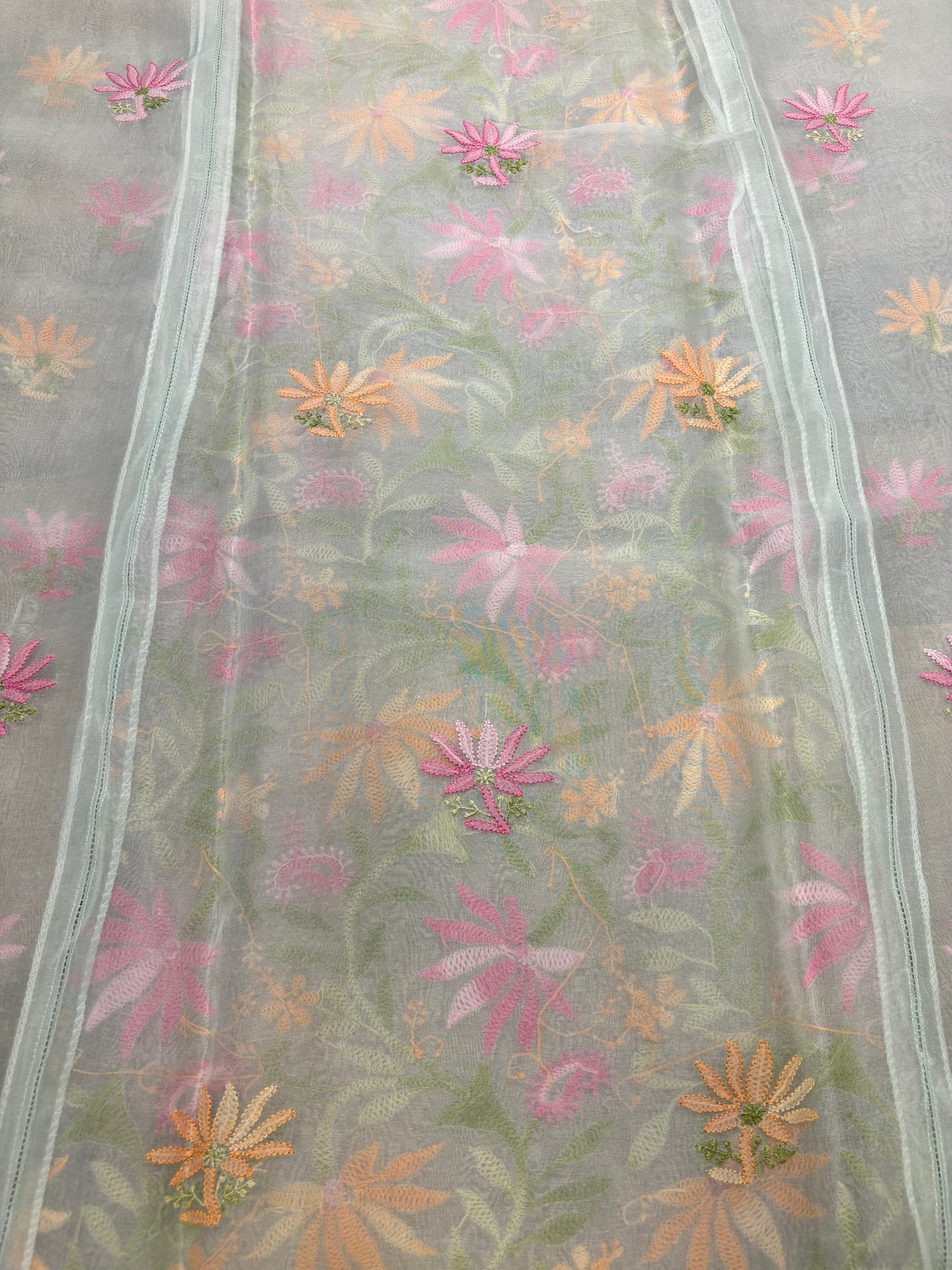 Sea Foam Green Organza Silk Chikankari Kurta and Dupatta