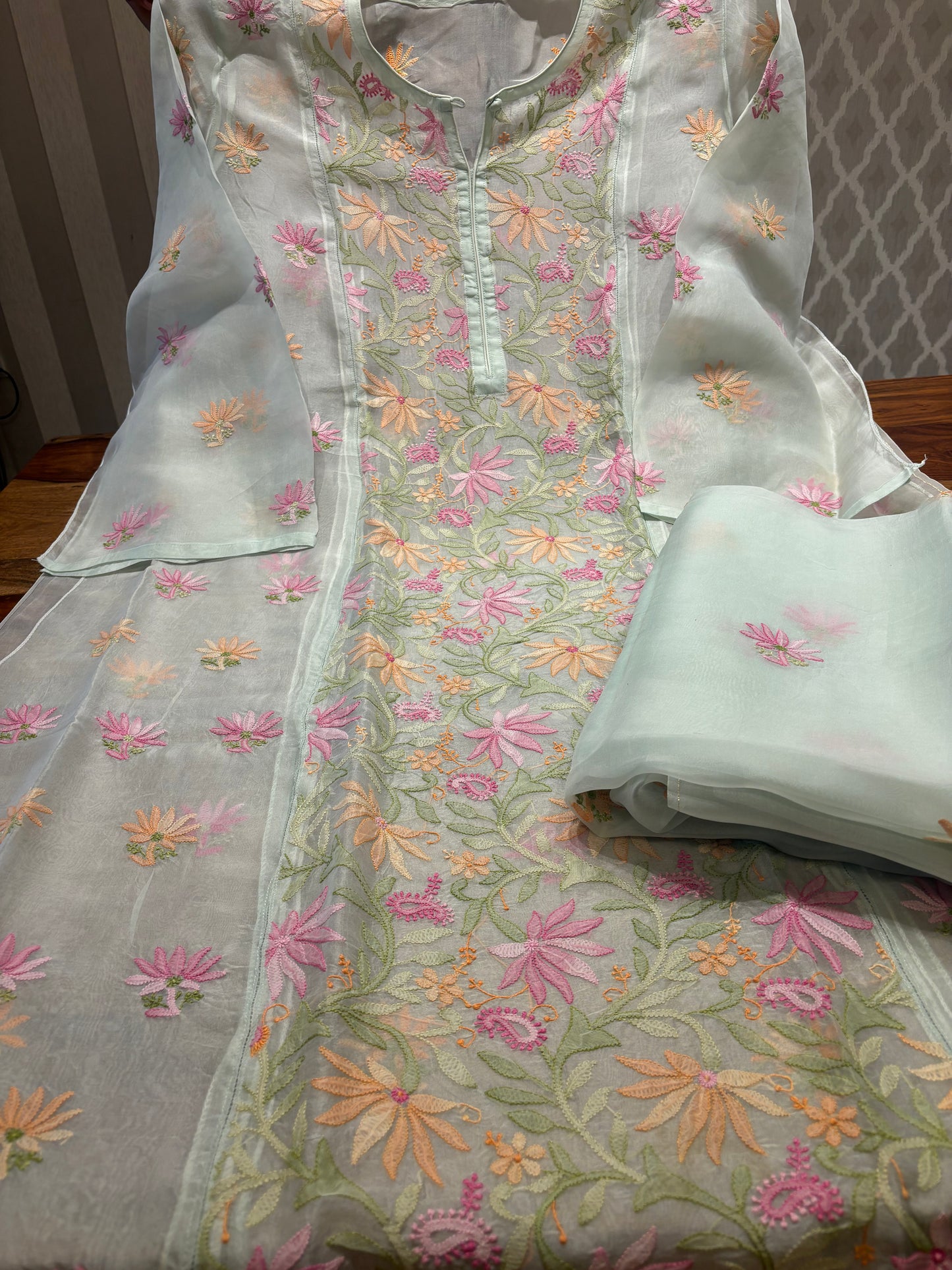 Sea Foam Green Organza Silk Chikankari Kurta and Dupatta