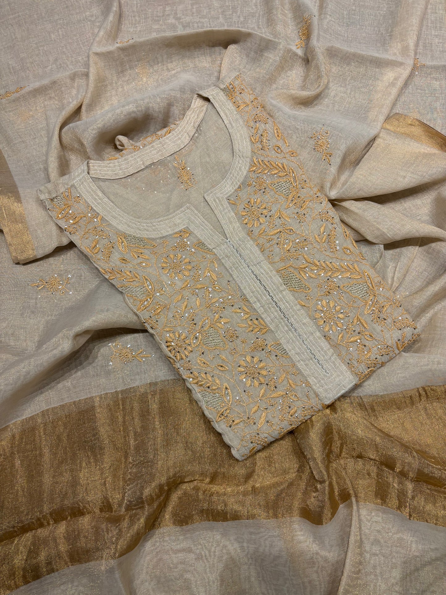 Dyeable Golden Pure Tissue Chikankari Kurta suit