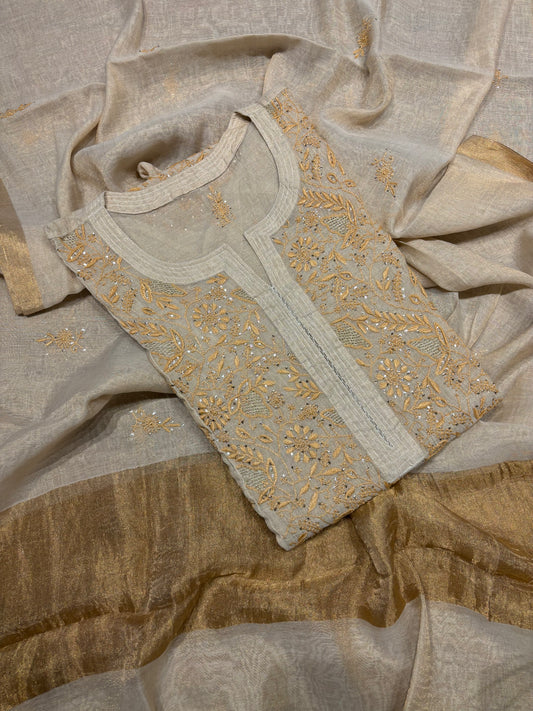 Dyeable Golden Pure Tissue Chikankari Kurta suit