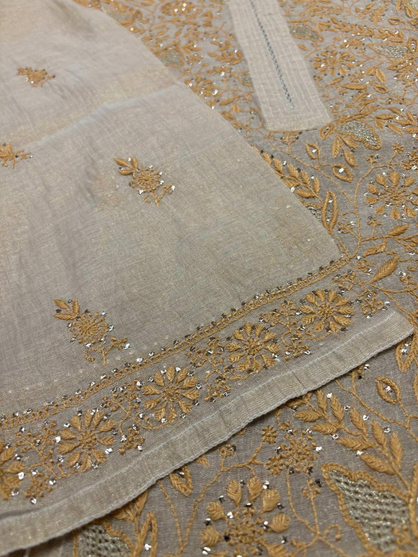 Dyeable Golden Pure Tissue Chikankari Kurta suit
