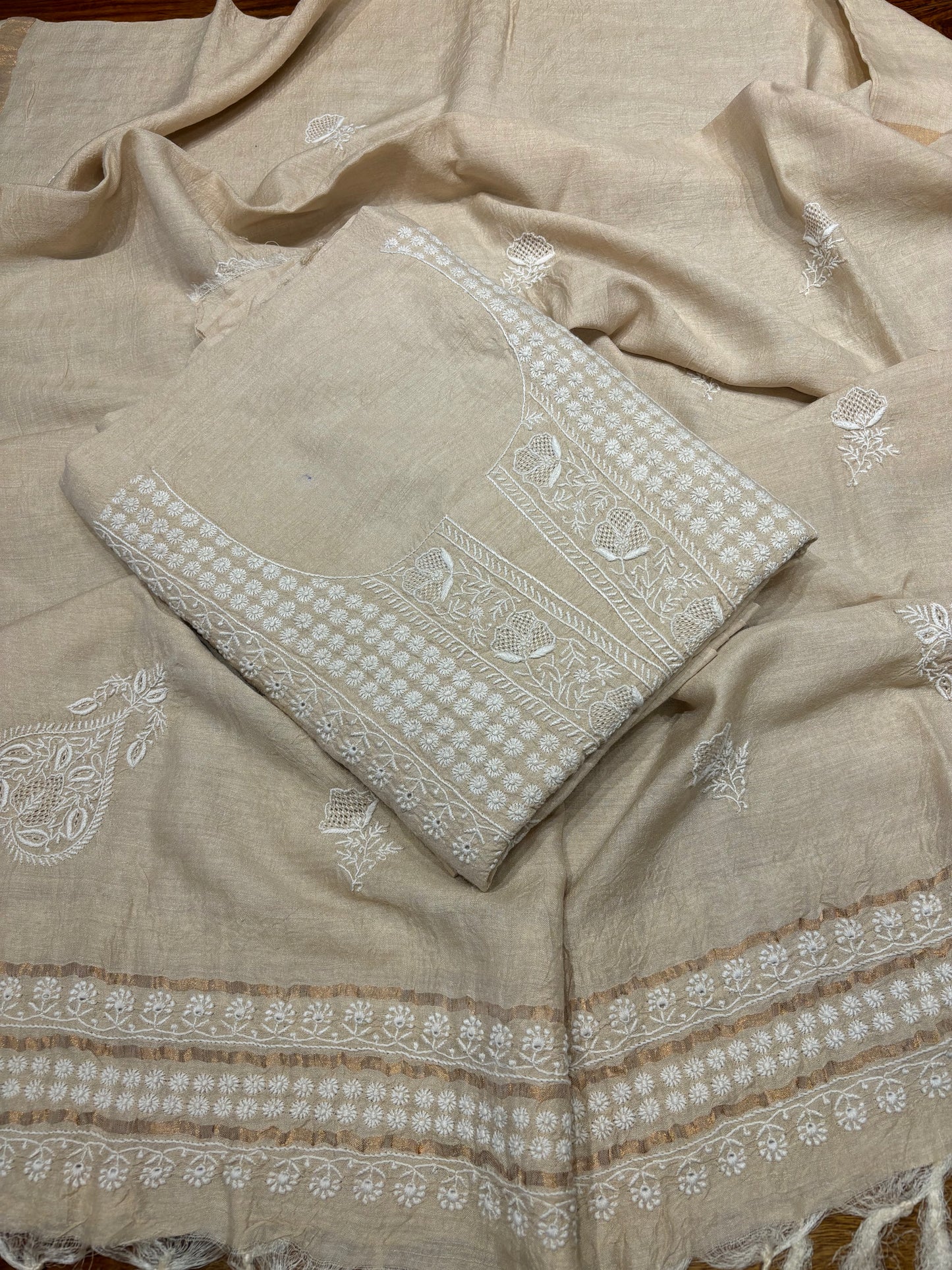 Dyeable Silk Chikankari Kurta and dupatta Fabric