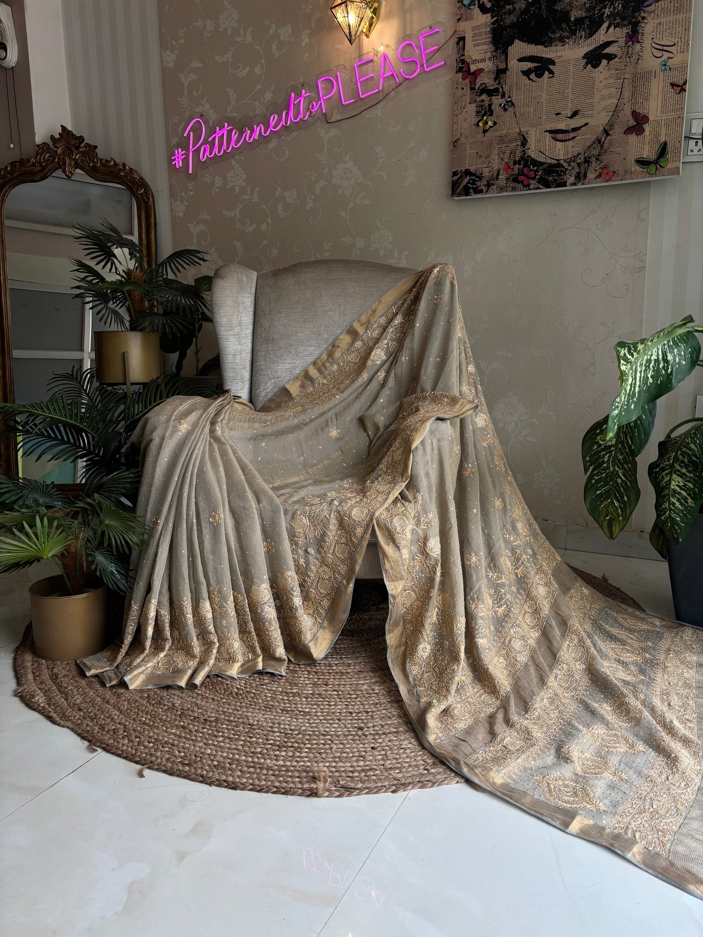 Sandrift Green Pure And Premium Tissue Chikankari Saree And Blouse