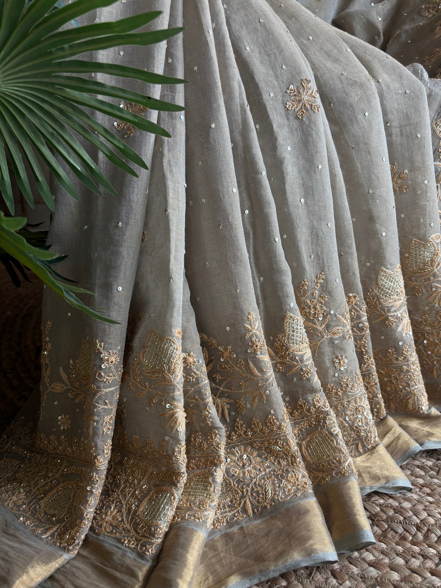 Sandrift Green Pure And Premium Tissue Chikankari Saree And Blouse