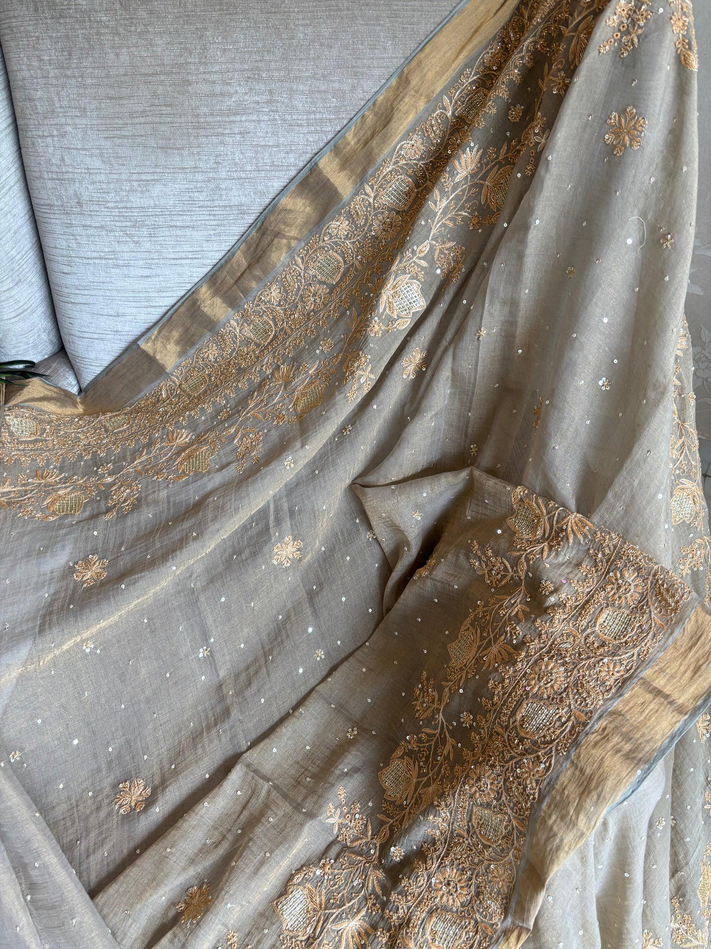 Sandrift Green Pure And Premium Tissue Chikankari Saree And Blouse