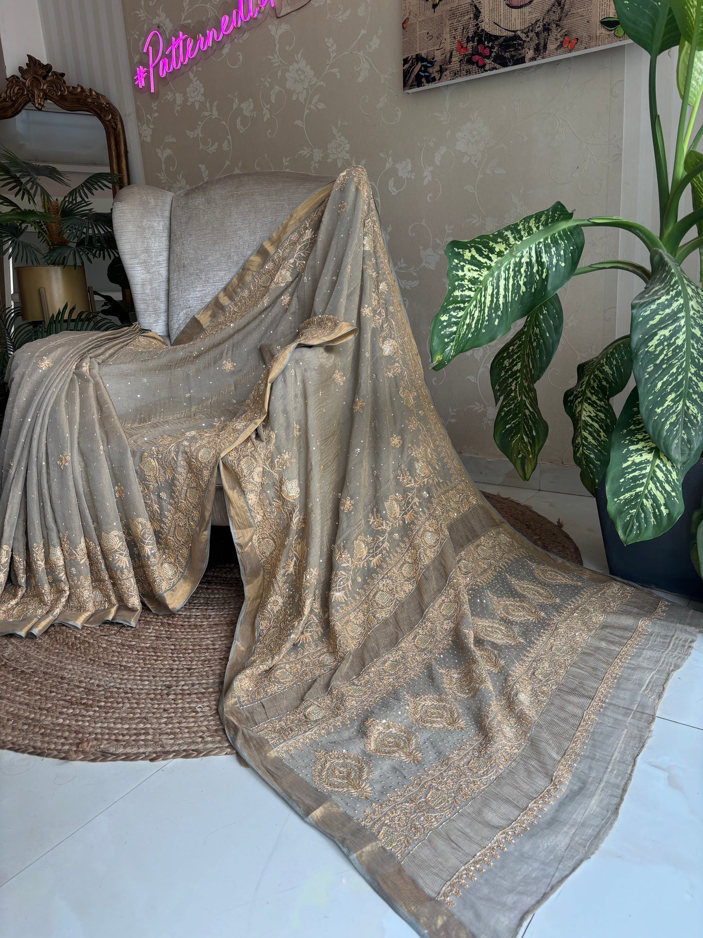 Sandrift Green Pure And Premium Tissue Chikankari Saree And Blouse
