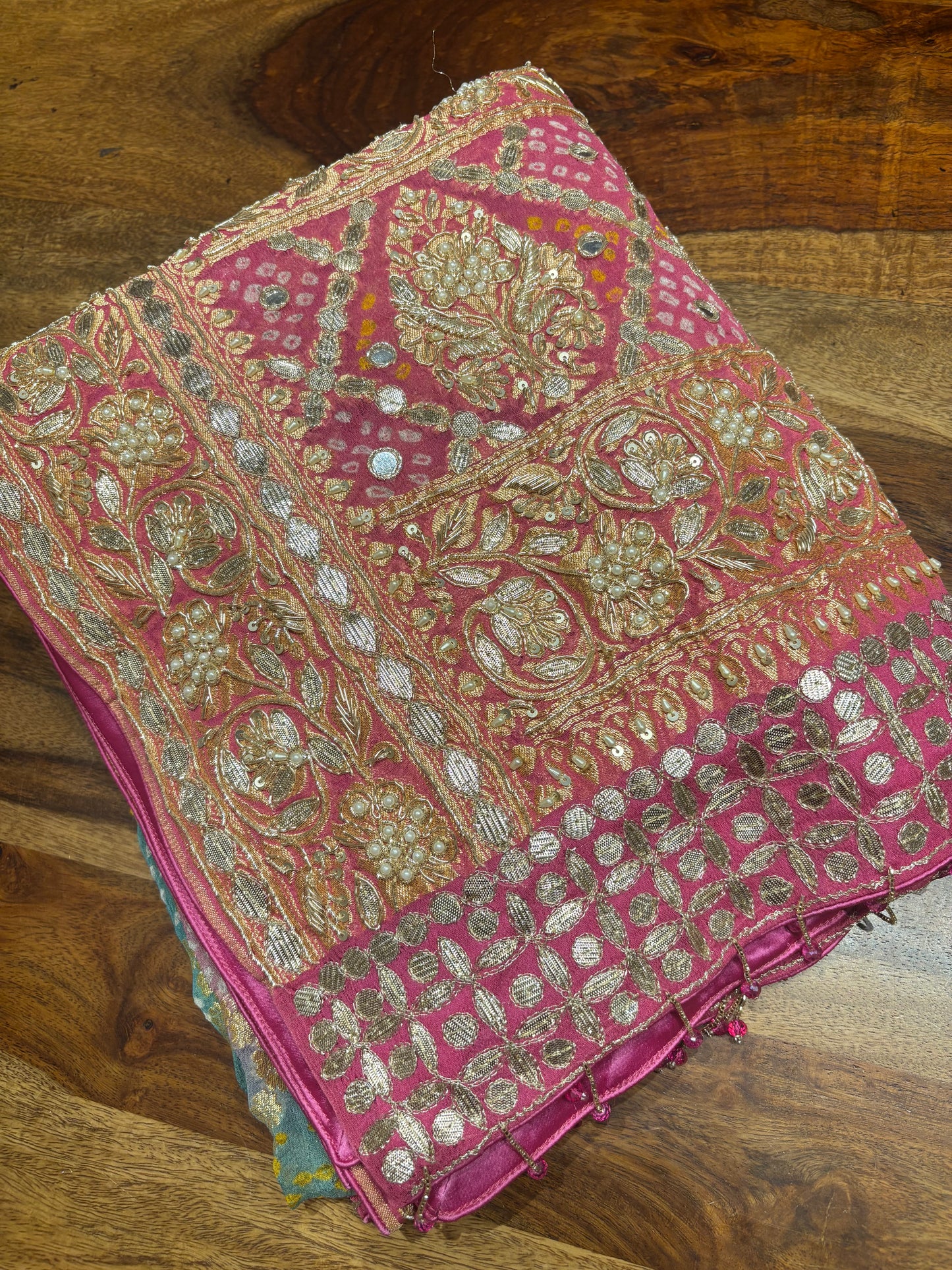 Pink and teal Bandhej Khaddi Georgette Dupatta