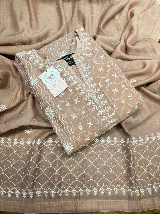 Caramel Brown Ombre Chanderi Mul Chikankari Anarkali and Dupatta