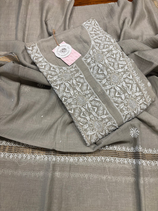 Sage Green Chanderi Maheshwari Chikankari Anarkali Kurta and Dupatta