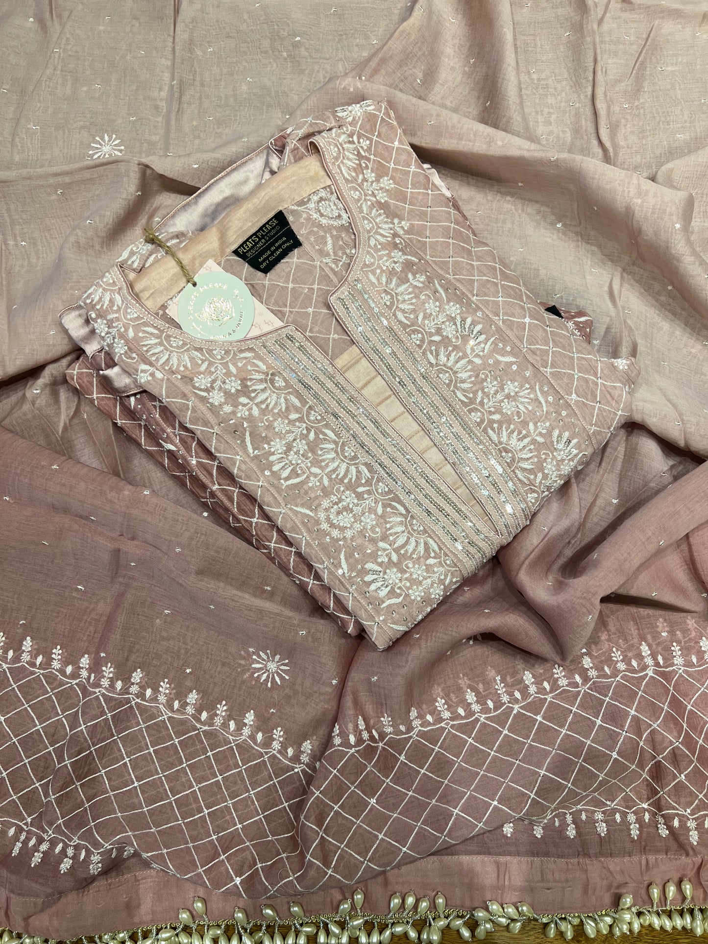 Dusty Rose Gold Ombré Chanderi Mul Chikankari Anarkali and Dupatta