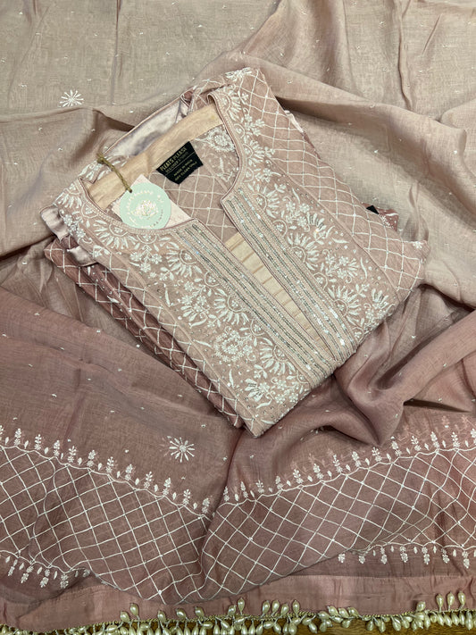 Dusty Rose Gold Ombré Chanderi Mul Chikankari Anarkali and Dupatta