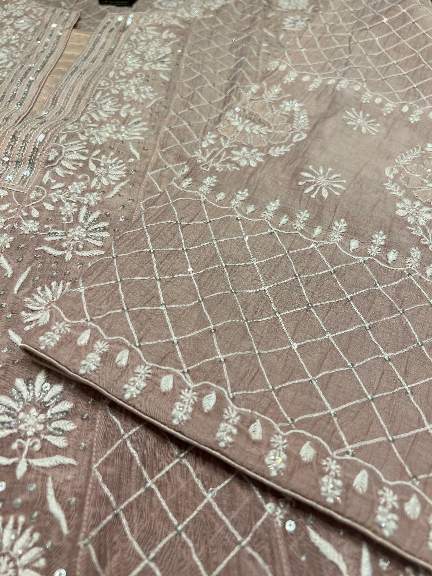 Dusty Rose Gold Ombré Chanderi Mul Chikankari Anarkali and Dupatta