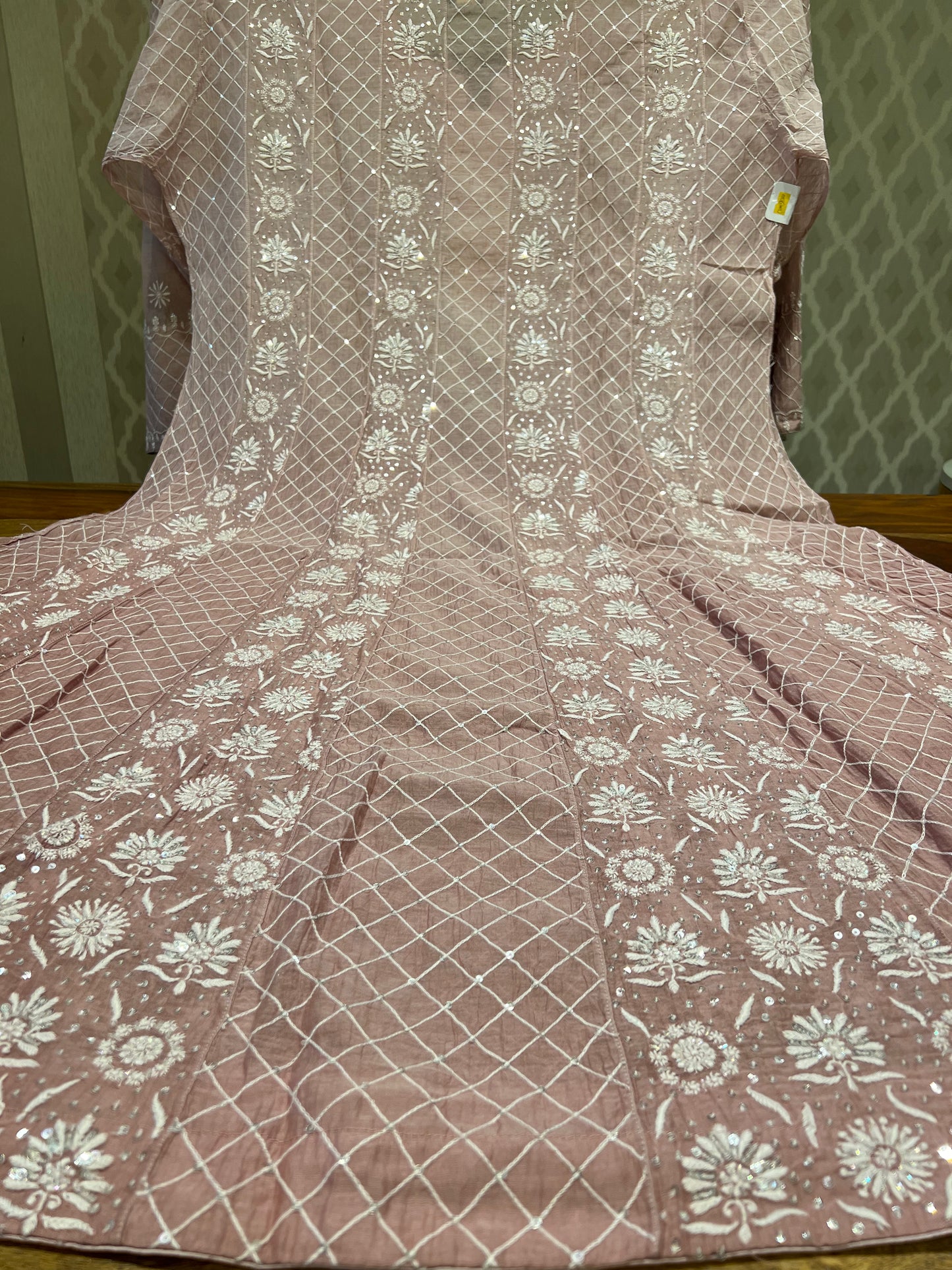 Dusty Rose Gold Ombré Chanderi Mul Chikankari Anarkali and Dupatta