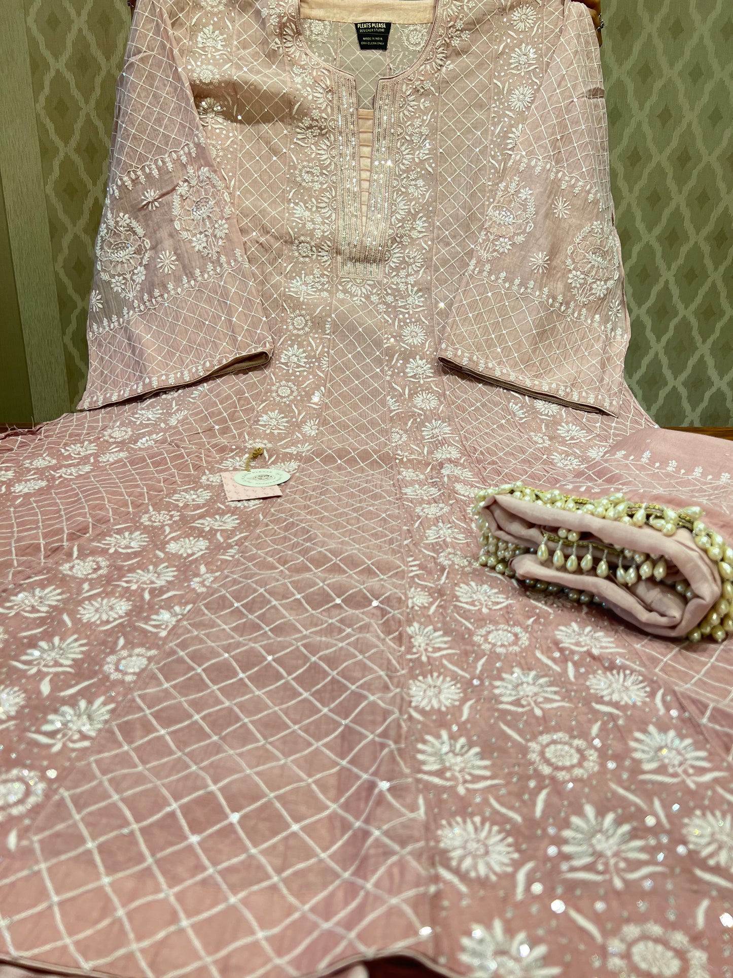 Dusty Rose Gold Ombré Chanderi Mul Chikankari Anarkali and Dupatta