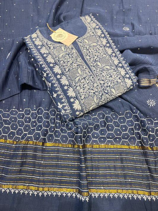Blue Chanderi Mul Chikankari Anarkali and Dupatta