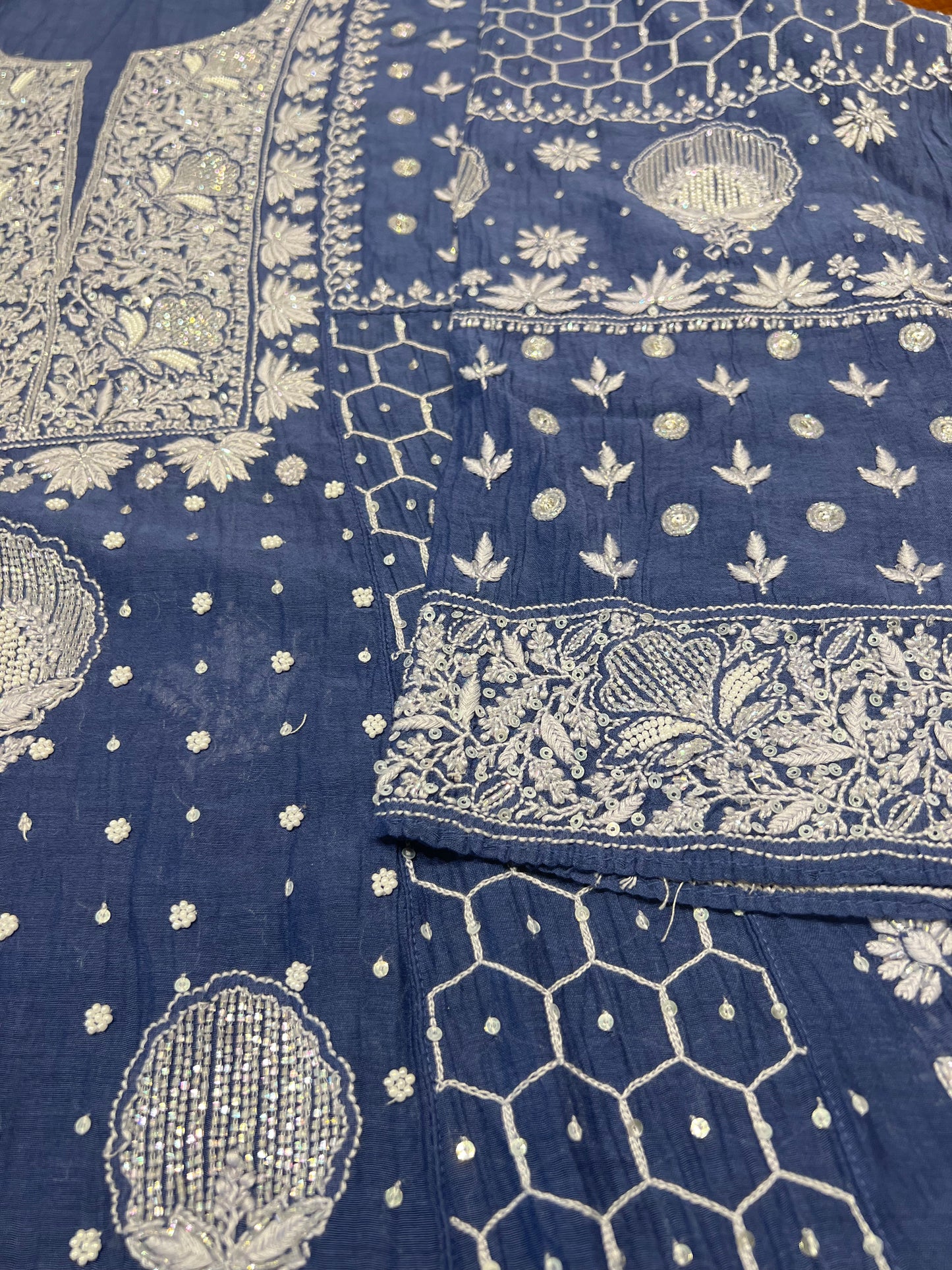 Blue Chanderi Mul Chikankari Anarkali and Dupatta