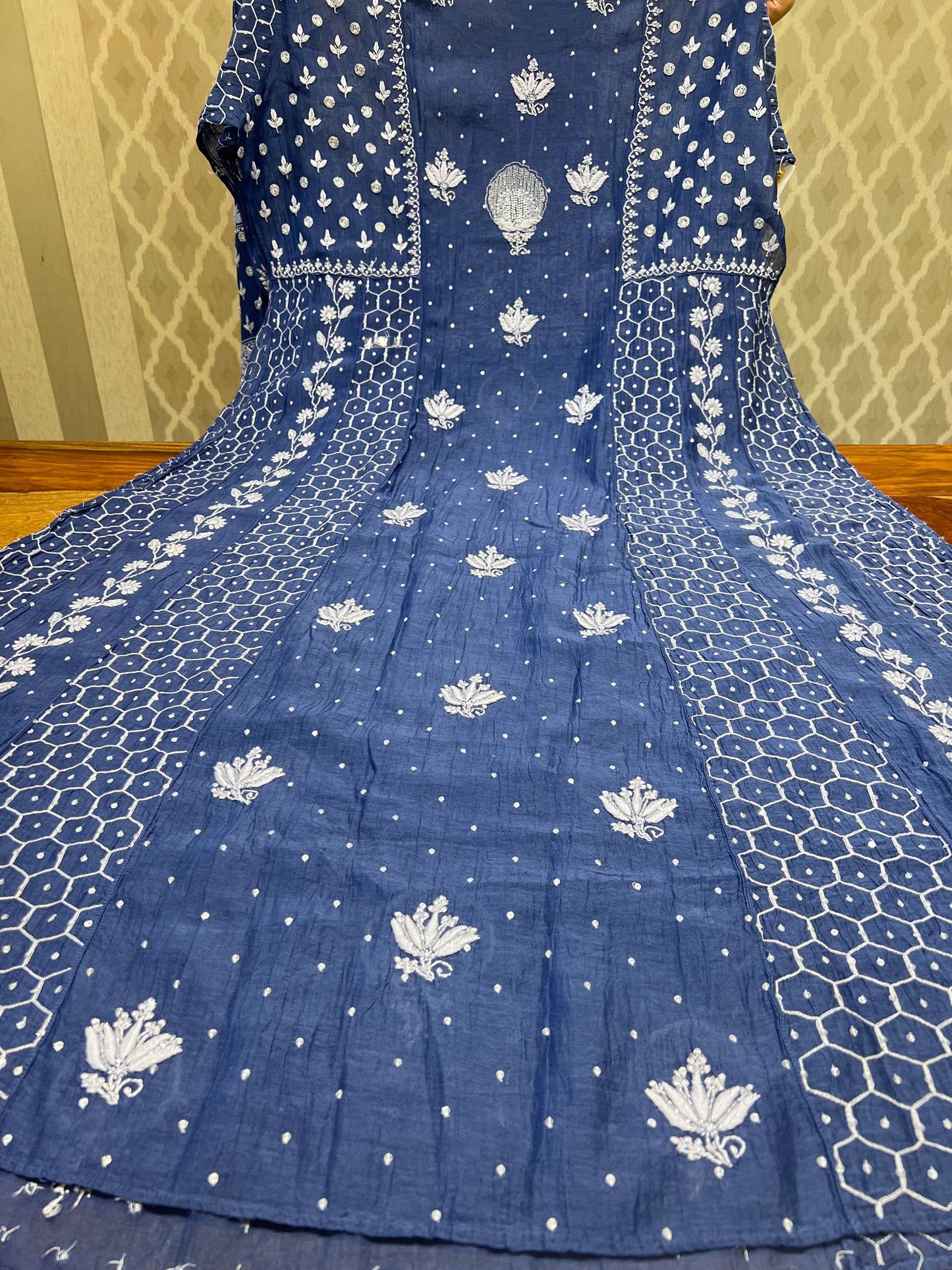 Blue Chanderi Mul Chikankari Anarkali and Dupatta