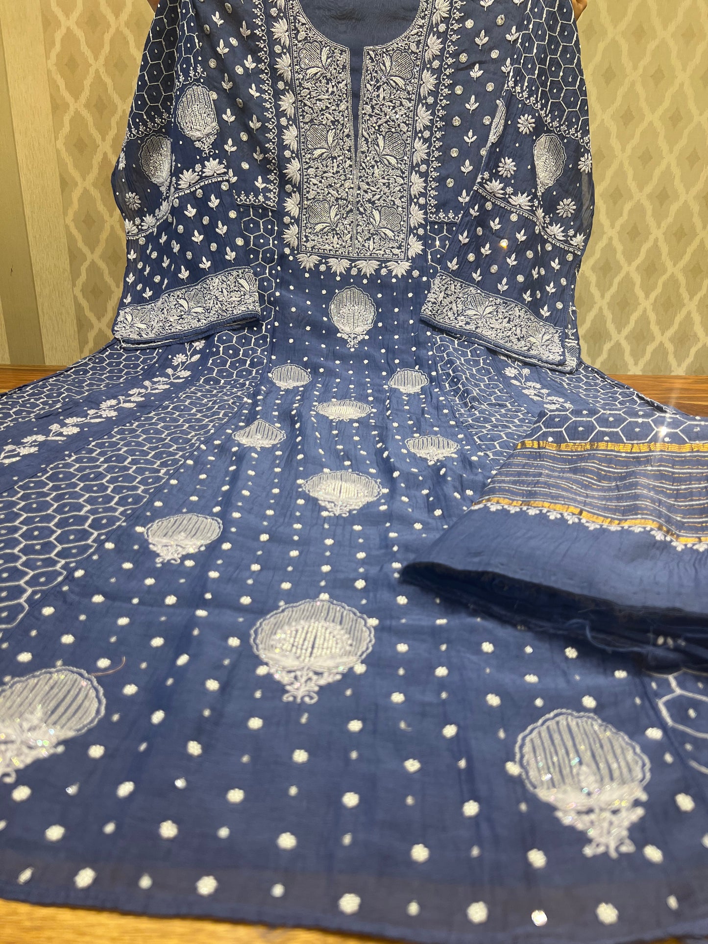 Blue Chanderi Mul Chikankari Anarkali and Dupatta