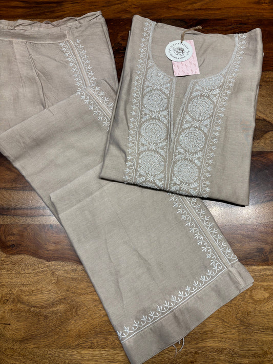 Beige Chanderi Silk Chikankari Co-Ord Set