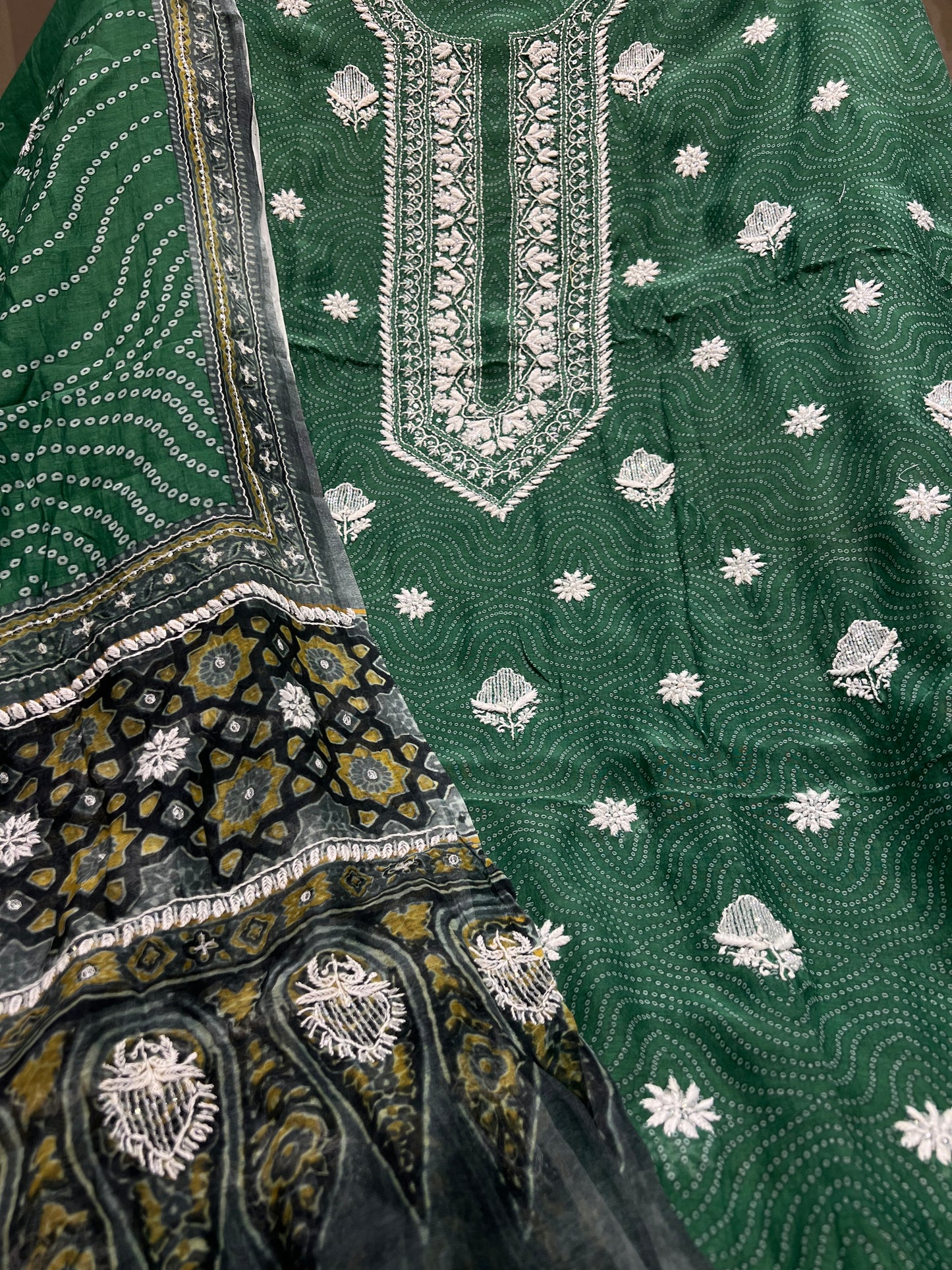 Green Chanderi Mul Chikankari, Printed Kurta and Dupatta Fabric