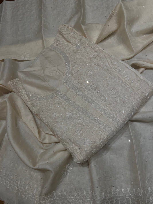 Dyeable Natural Silk Chikankari Kurta and Dupatta