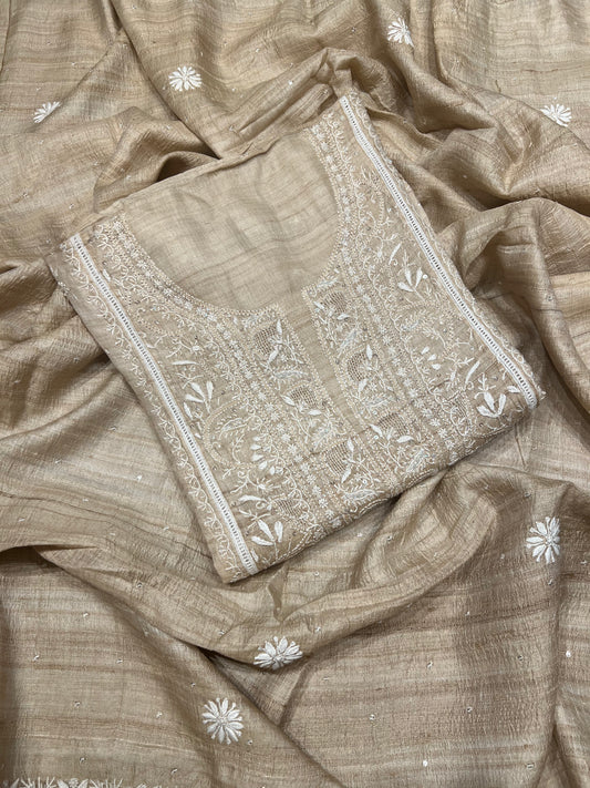 Dyeable Natural Silk Chikankari Kurta and Dupatta
