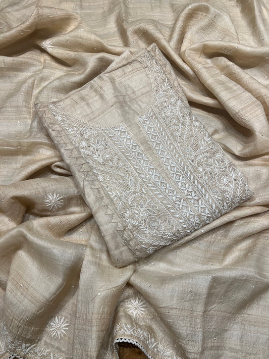 Dyeable Natural Silk Chikankari Kurta and Dupatta