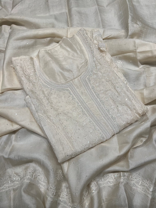 Dyeable Natural Silk Chikankari Kurta and Dupatta