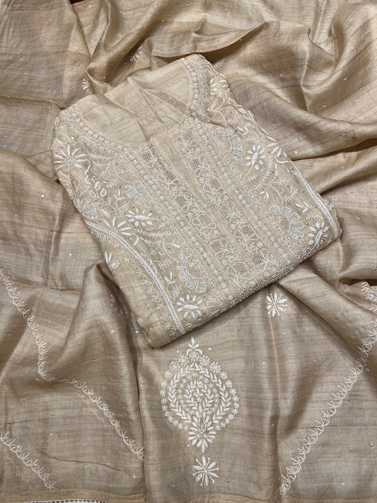 Dyeable Natural Silk Chikankari Kurta and Dupatta