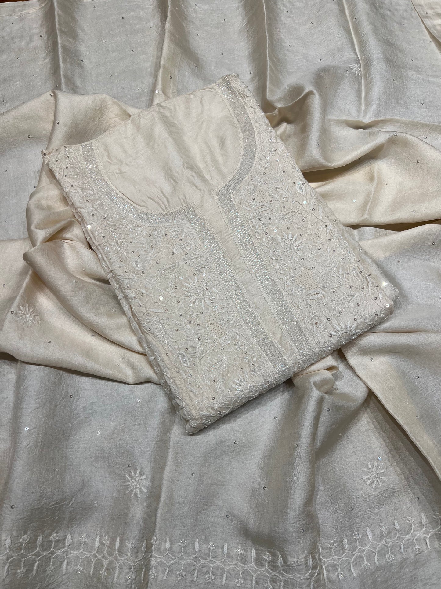 Dyeable Natural Silk Chikankari Kurta and Dupatta