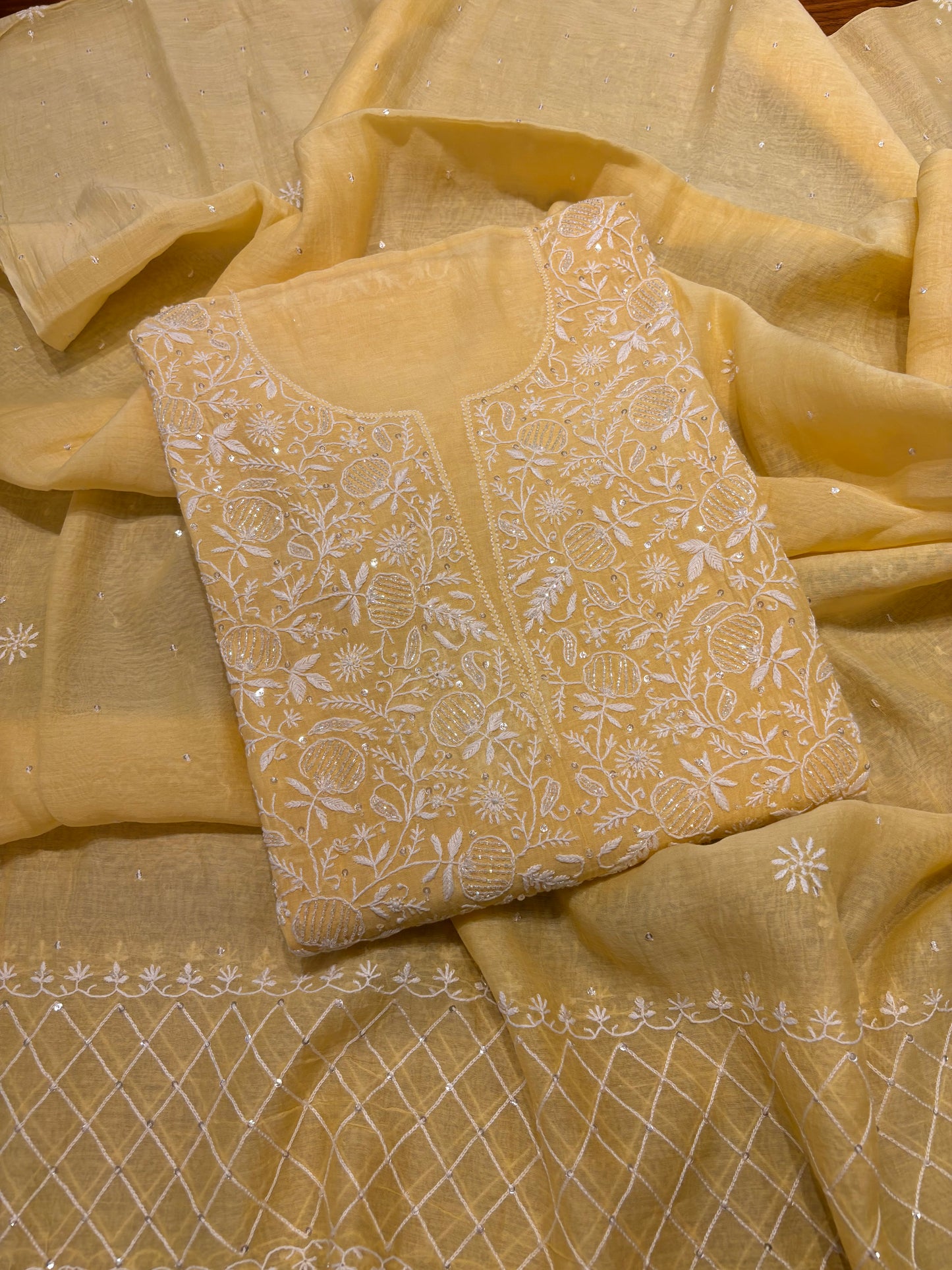 Yellow Chanderi Mul Chikankari Kurta and Dupatta