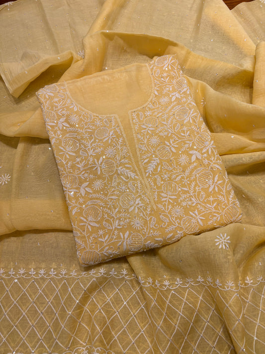 Yellow Chanderi Mul Chikankari Kurta and Dupatta