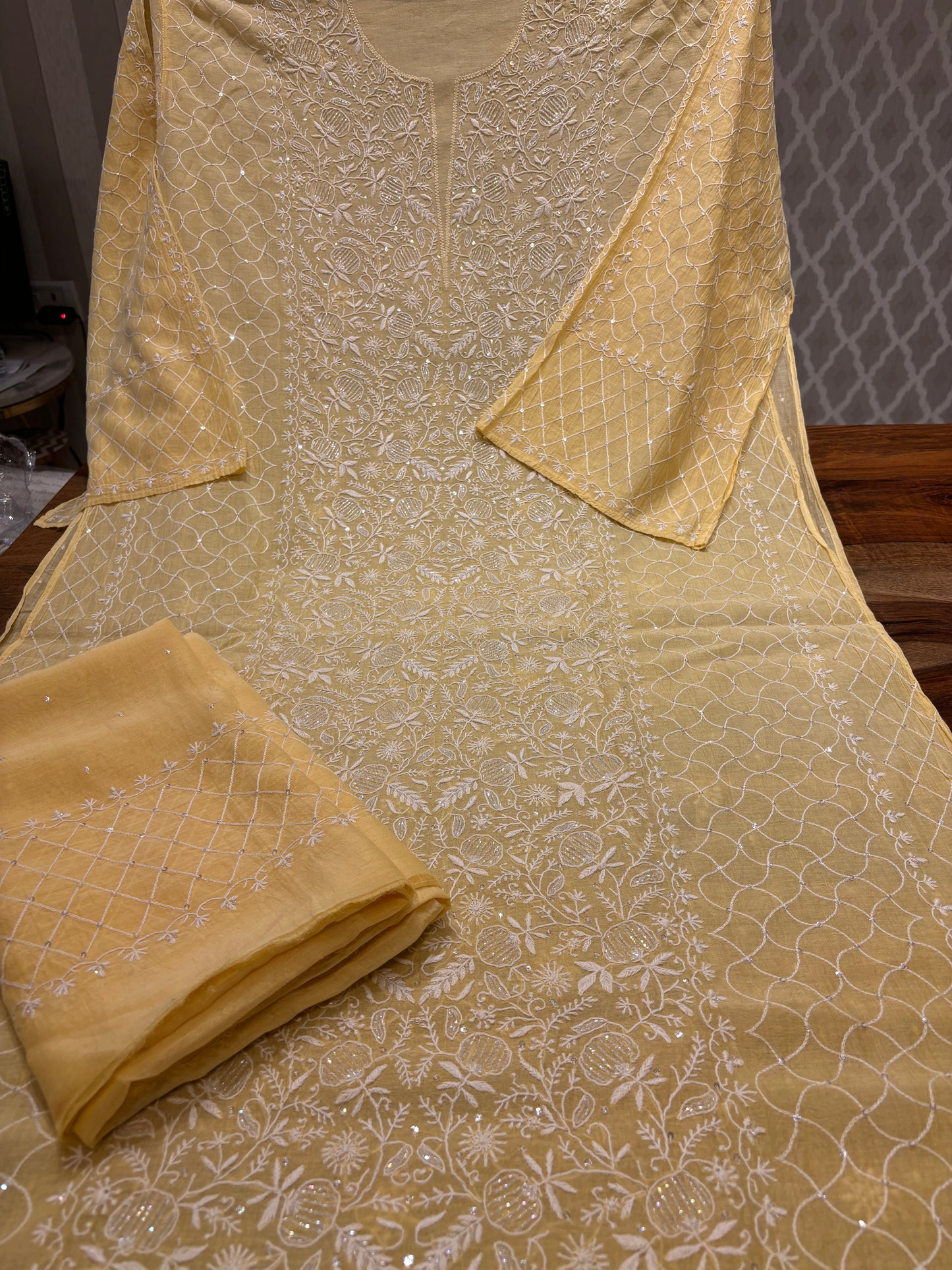 Yellow Chanderi Mul Chikankari Kurta and Dupatta