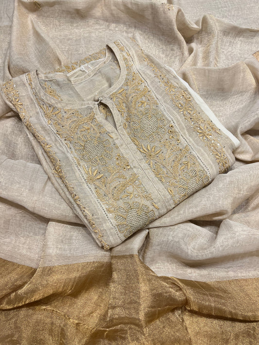 Dyeable Golden Pure Tissue Chikankari Kalidar Kurta and Dupatta