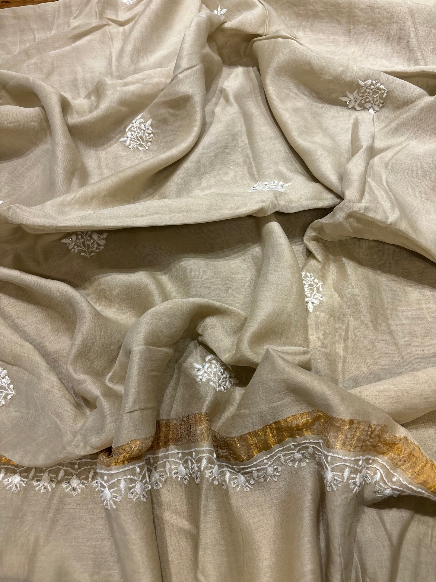 Coffee Cream Chanderi Silk Chikankari Anarkali and Dupatta
