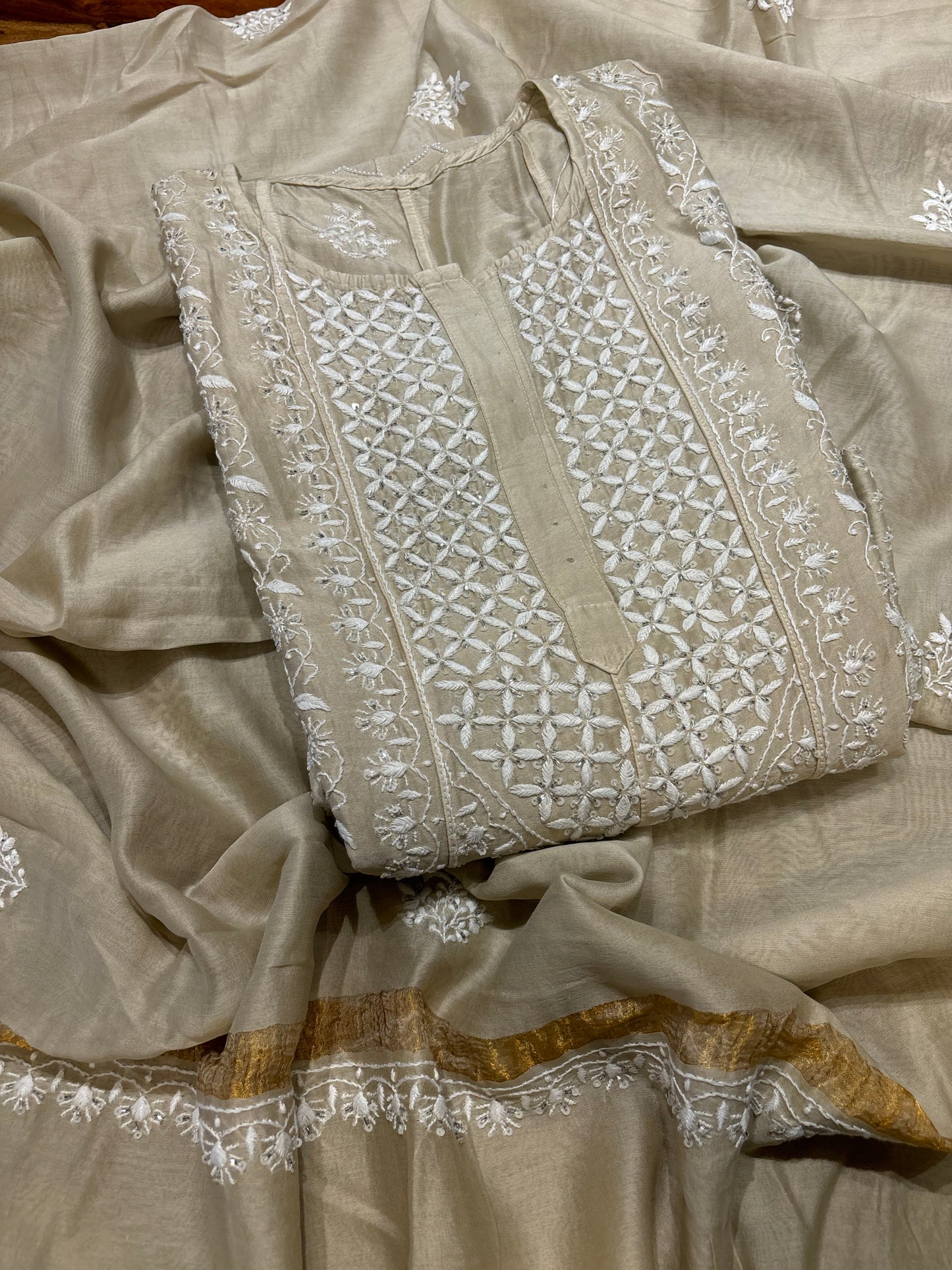 Coffee Cream Chanderi Silk Chikankari Anarkali and Dupatta