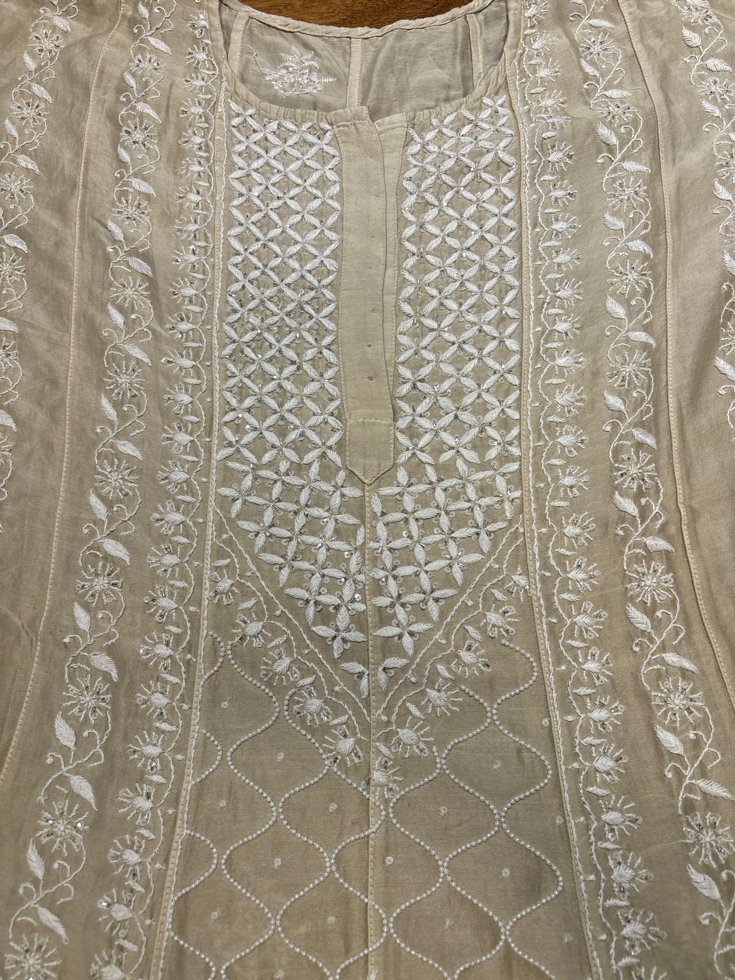 Coffee Cream Chanderi Silk Chikankari Anarkali and Dupatta