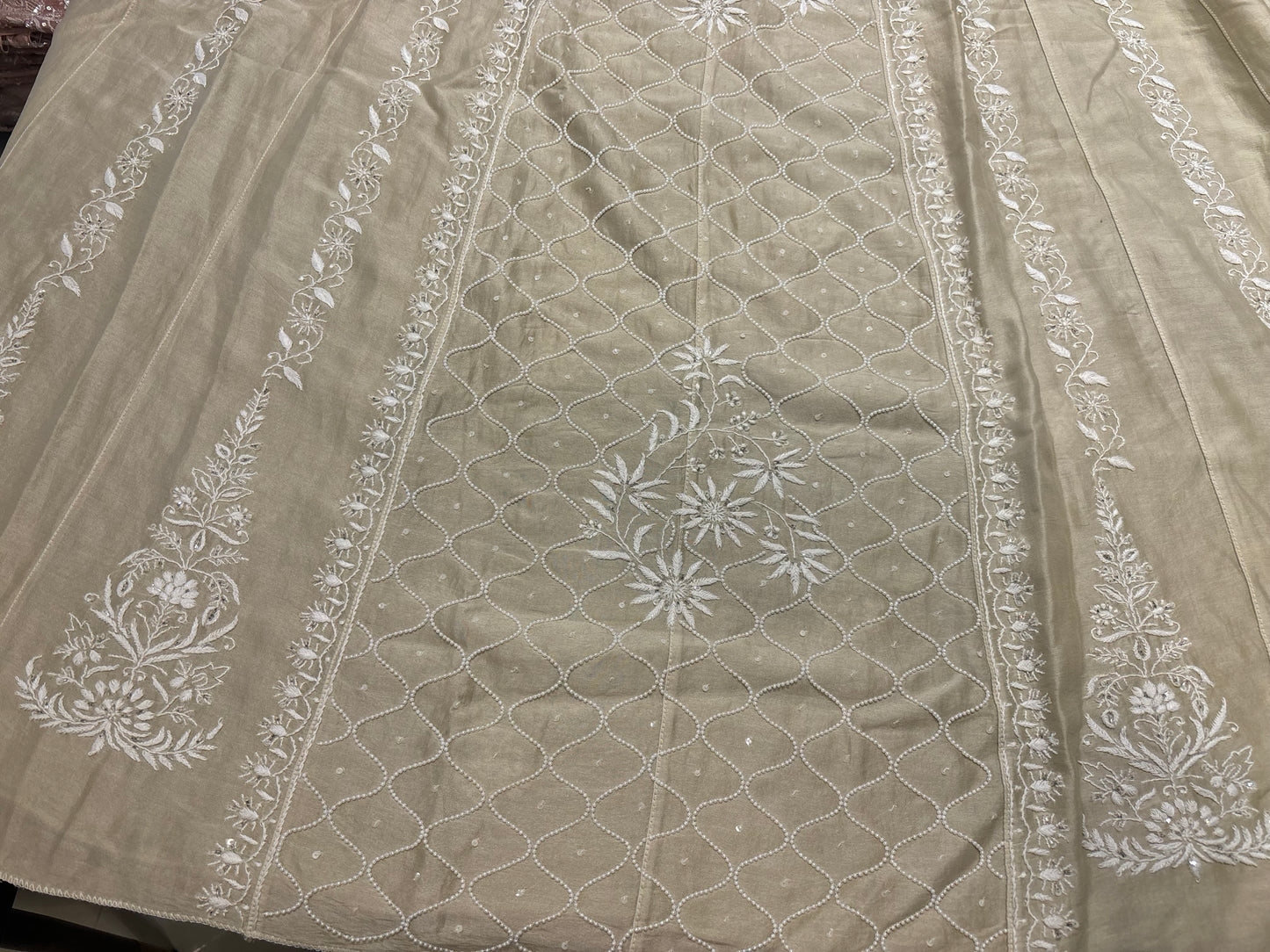 Coffee Cream Chanderi Silk Chikankari Anarkali and Dupatta