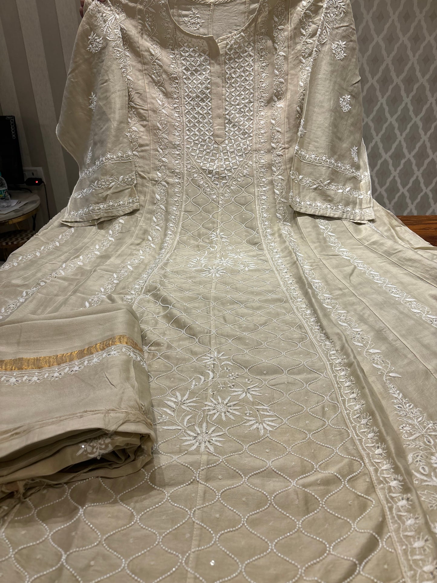 Coffee Cream Chanderi Silk Chikankari Anarkali and Dupatta