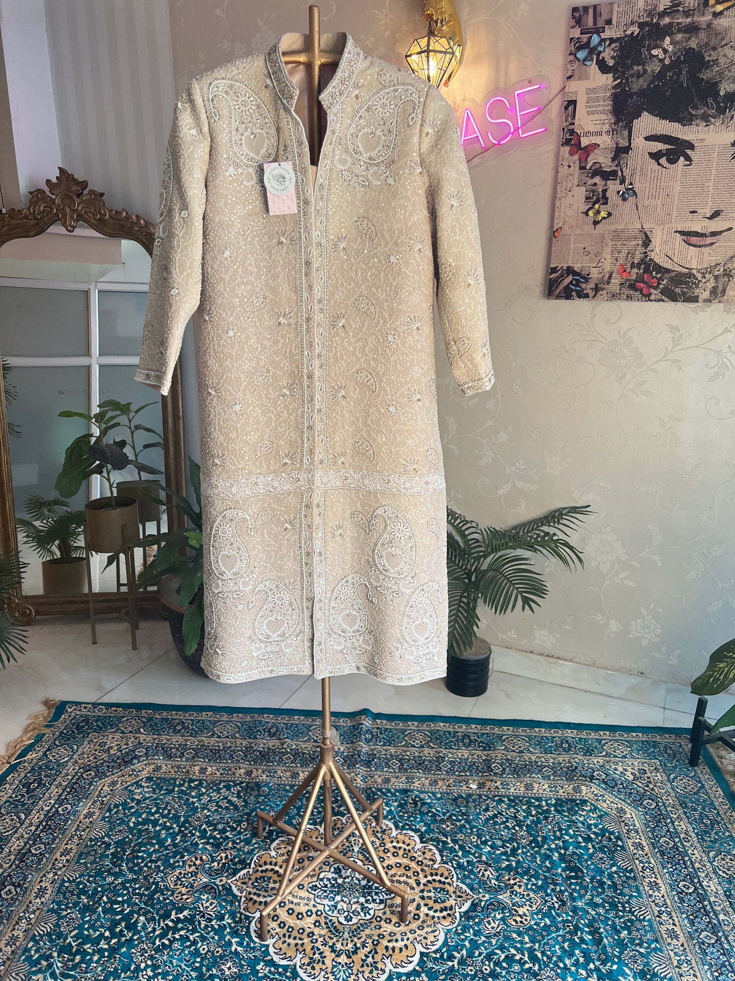 Hazelnut Pure Georgette Chikankari  Sherwani