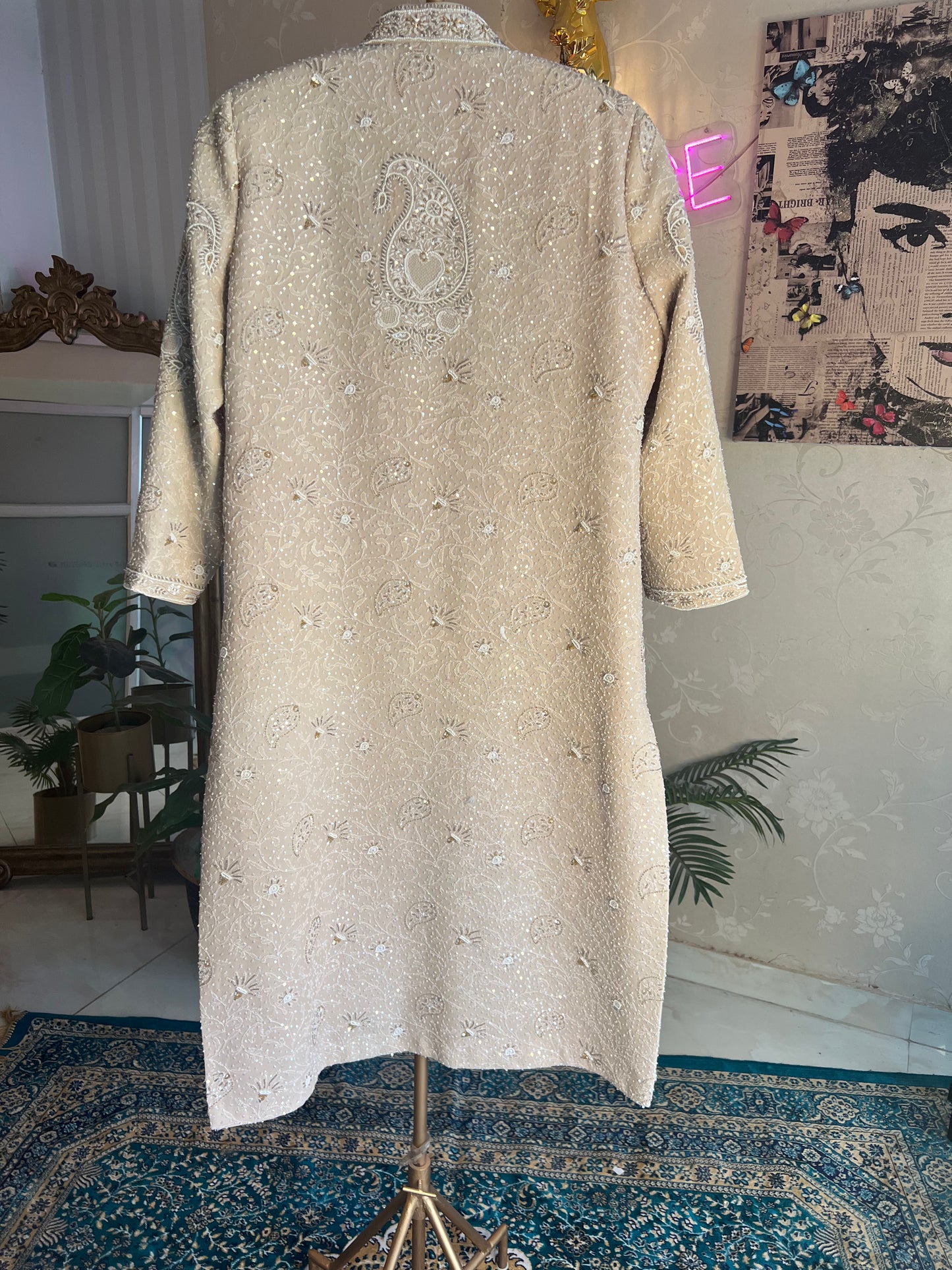 Hazelnut Pure Georgette Chikankari  Sherwani