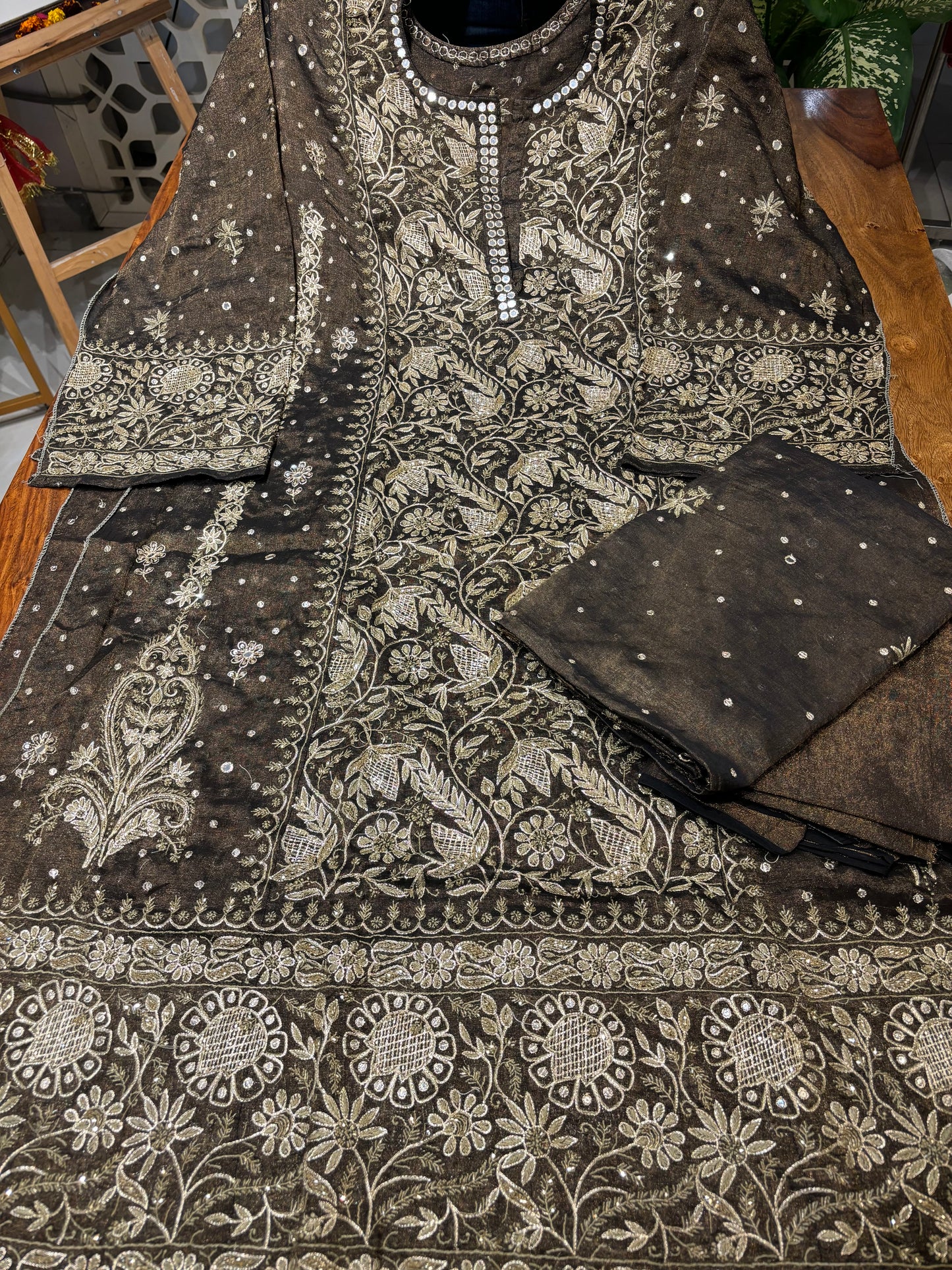 Black Pure Tissue Chikankari Kurta and Dupatta