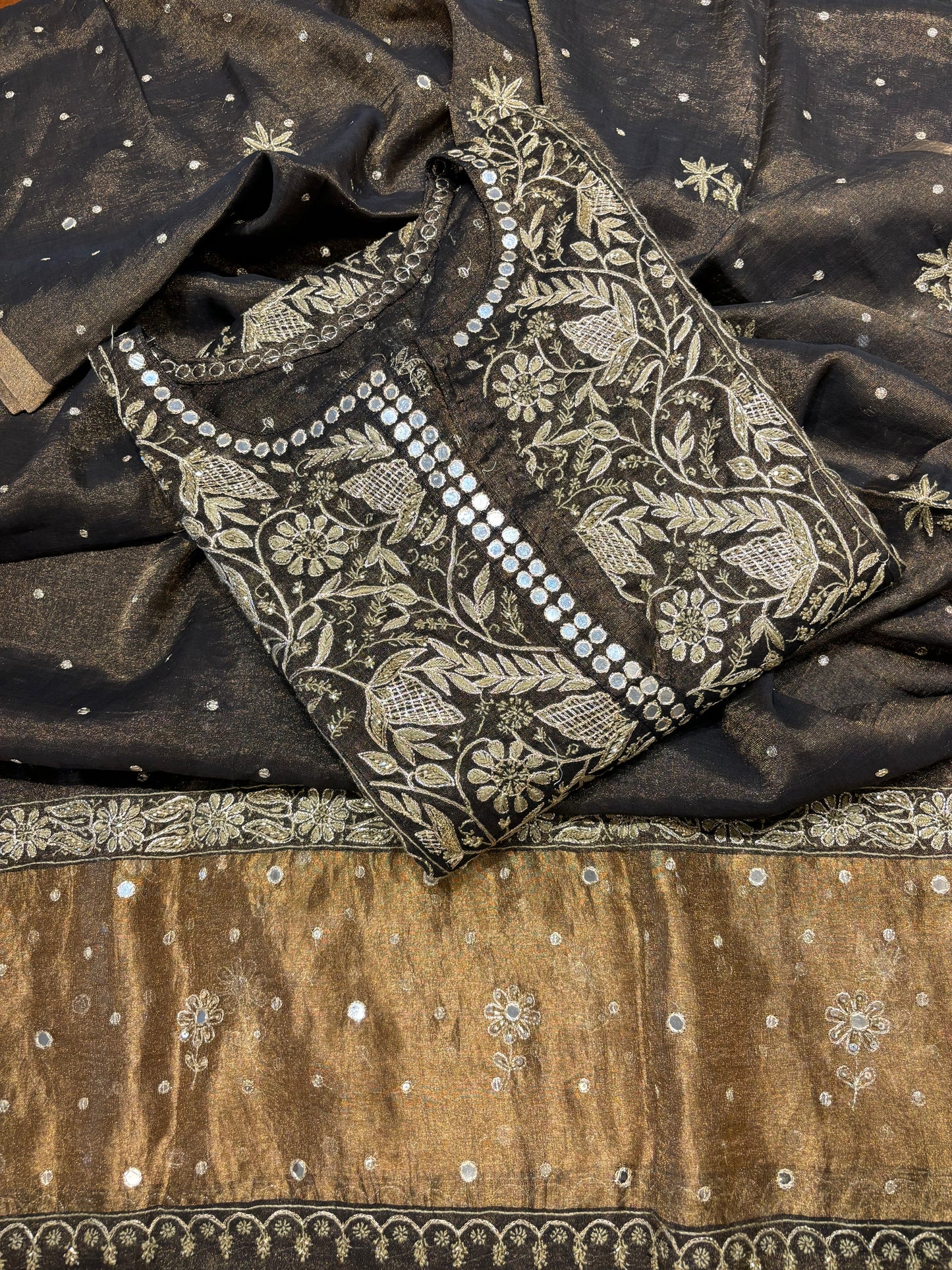 Black Pure Tissue Chikankari Kurta and Dupatta