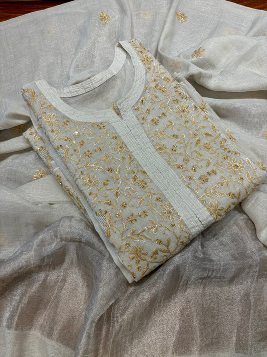 Dyeable Silver Pure Tissue Chikankari Kurta and Dupatta