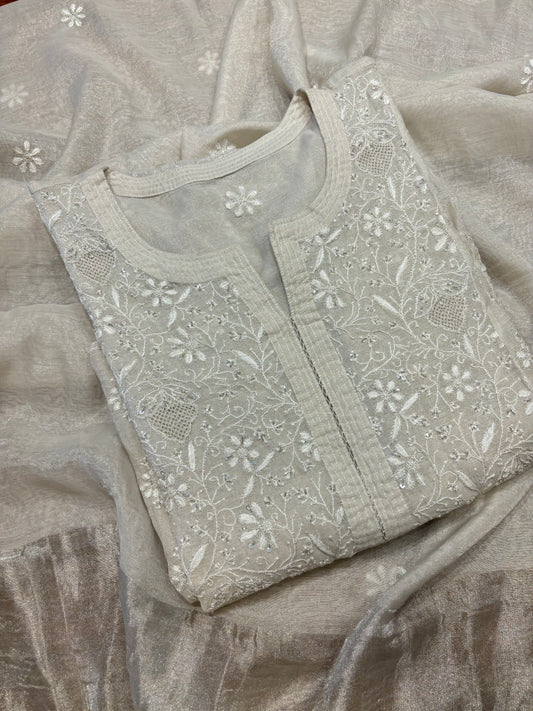 Dyeable Silver Pure Tissue Chikankari Kurta and Dupatta