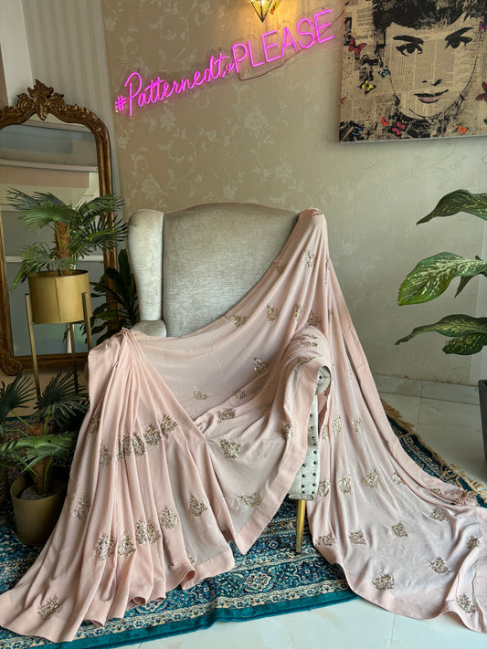 Dusty Peach Pure Georgette Badla Saree and Blouse
