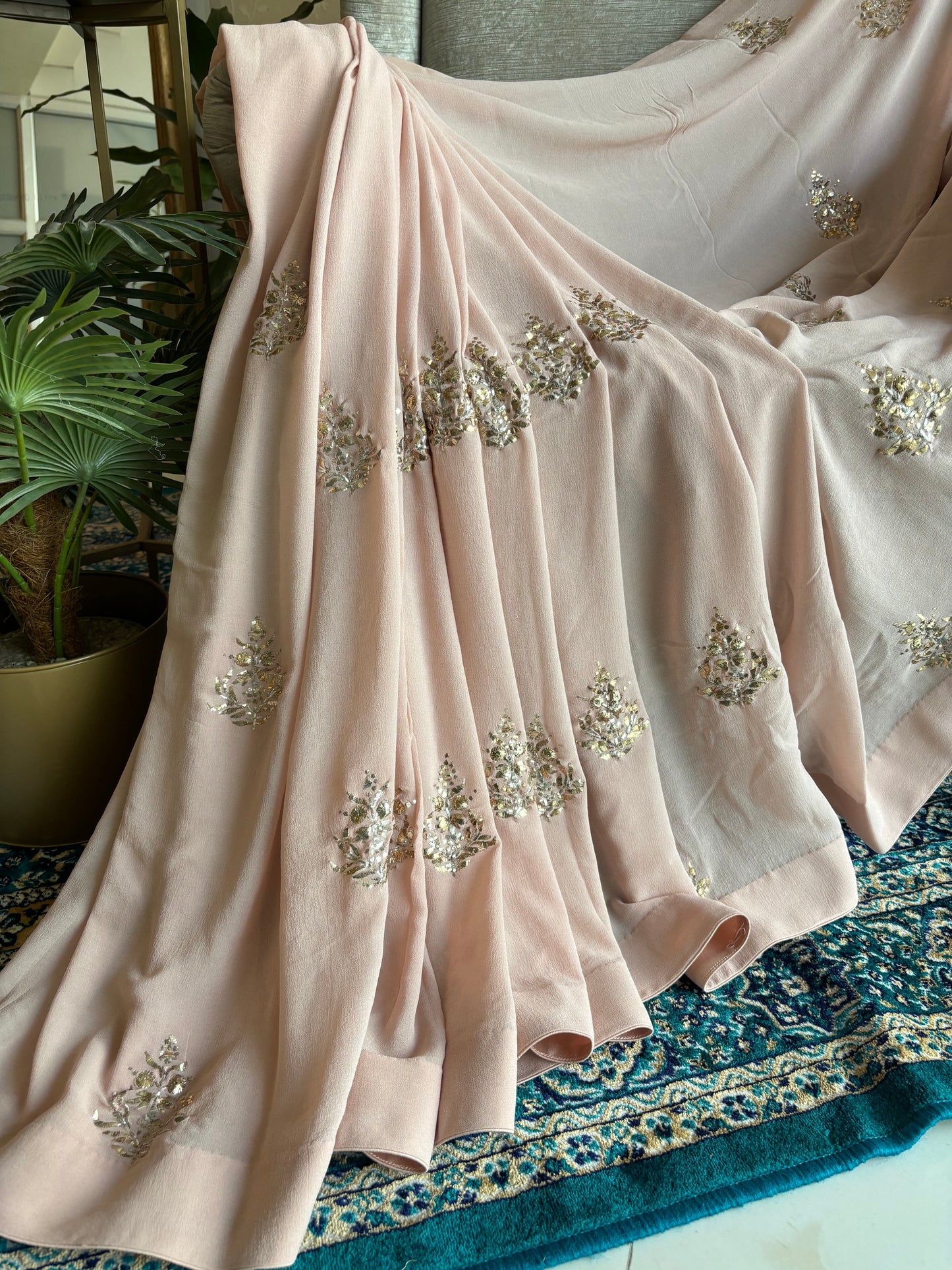 Dusty Peach Pure Georgette Badla Saree and Blouse