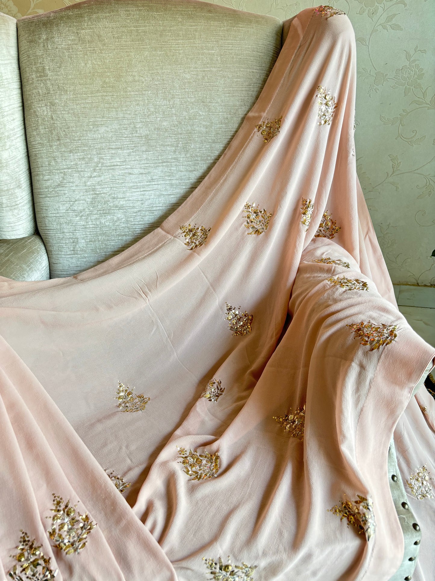 Dusty Peach Pure Georgette Badla Saree and Blouse