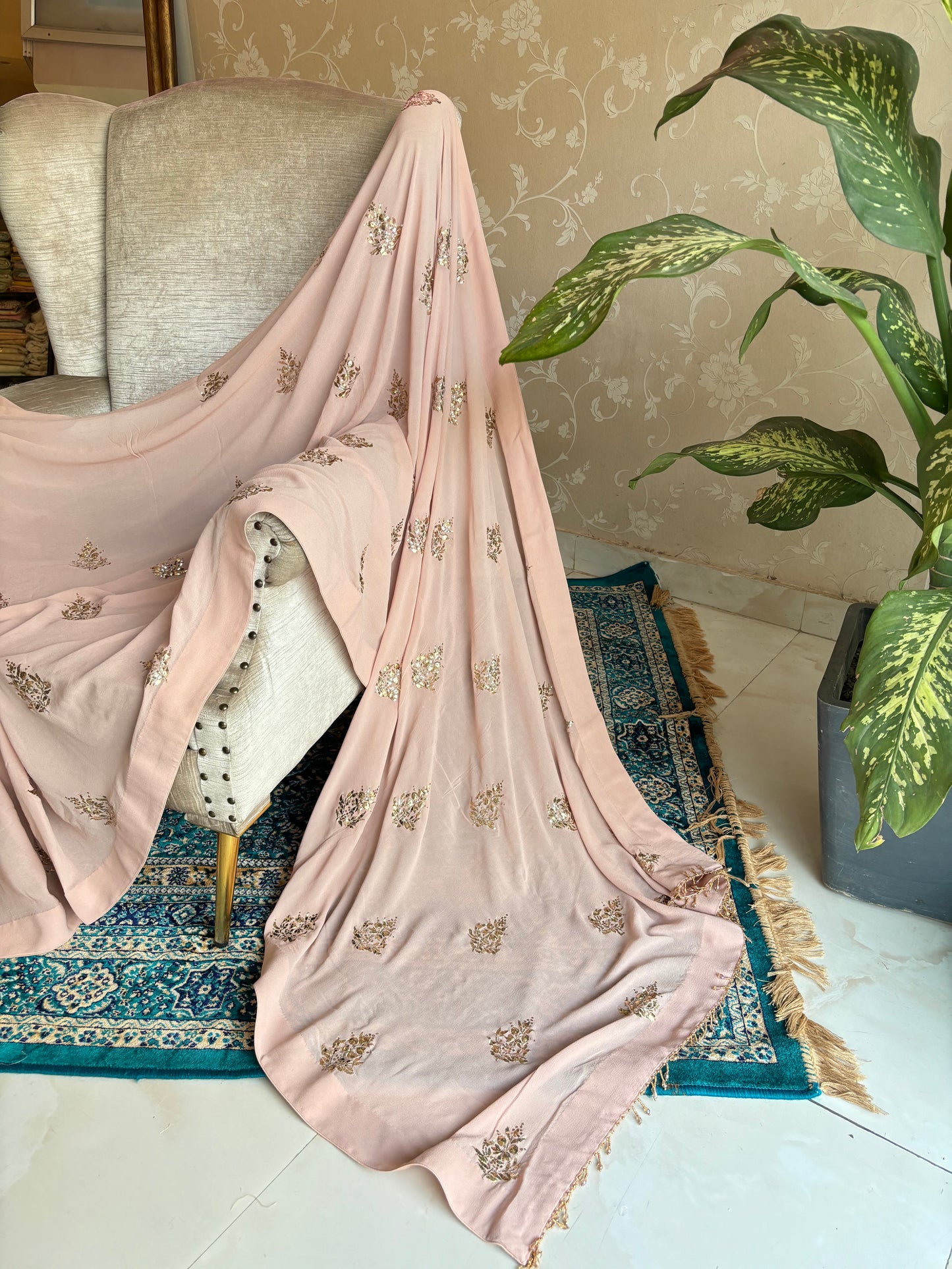 Dusty Peach Pure Georgette Badla Saree and Blouse