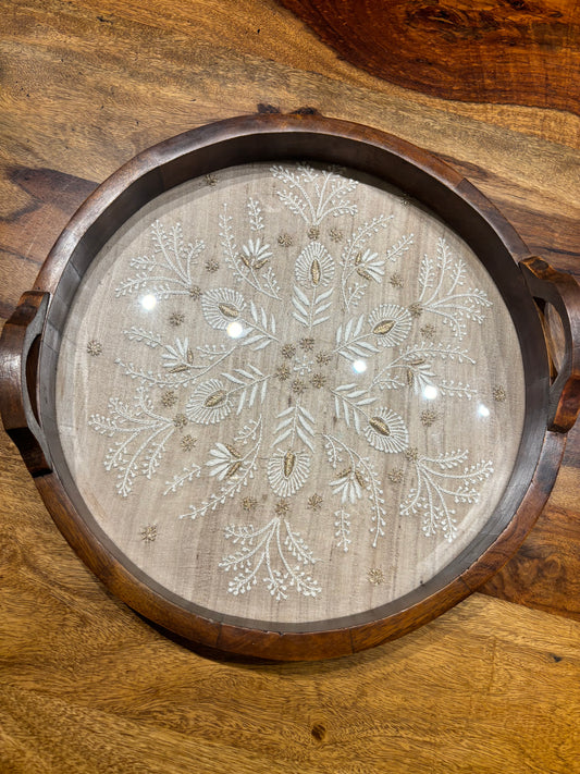 Fawn Silk Round Chikankari Tray